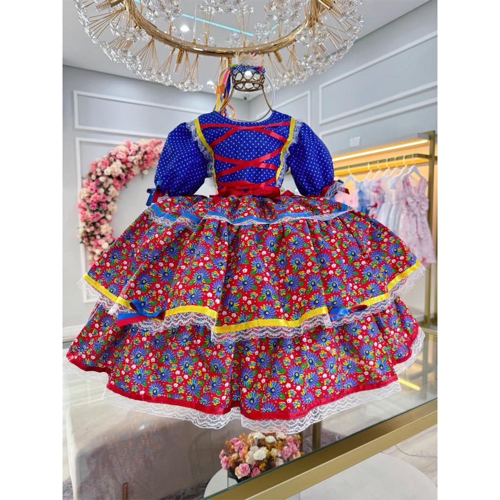 Vestido Infantil Azul Caipira Festa Junina Quadrilha Arraiá Fazenda  Fazendinha Rodado Realeza Luxo Festa Evento Clássico Presente Bebê Menina  Juvenil ...