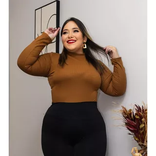 BLUSA FEMININA CACHARREL PLUS SIZE MALHA CANELADA PROMOÇÃO GOLA ALTA DIVERSAS CORES MODA TENDÊNCIA