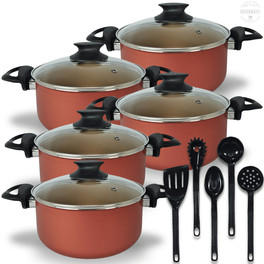 Jogo De Panelas Caçarolas Plus 16 a 24 Antiaderente Com 5 Camadas Teflon Cor Cereja e Dourado