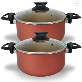 Kit Panelas Caçarolas 02 Peças TAMANHO GRANDE 22 e 24 cm Antiaderente 5 Camadas De Teflon Cor Cereja e Dourado