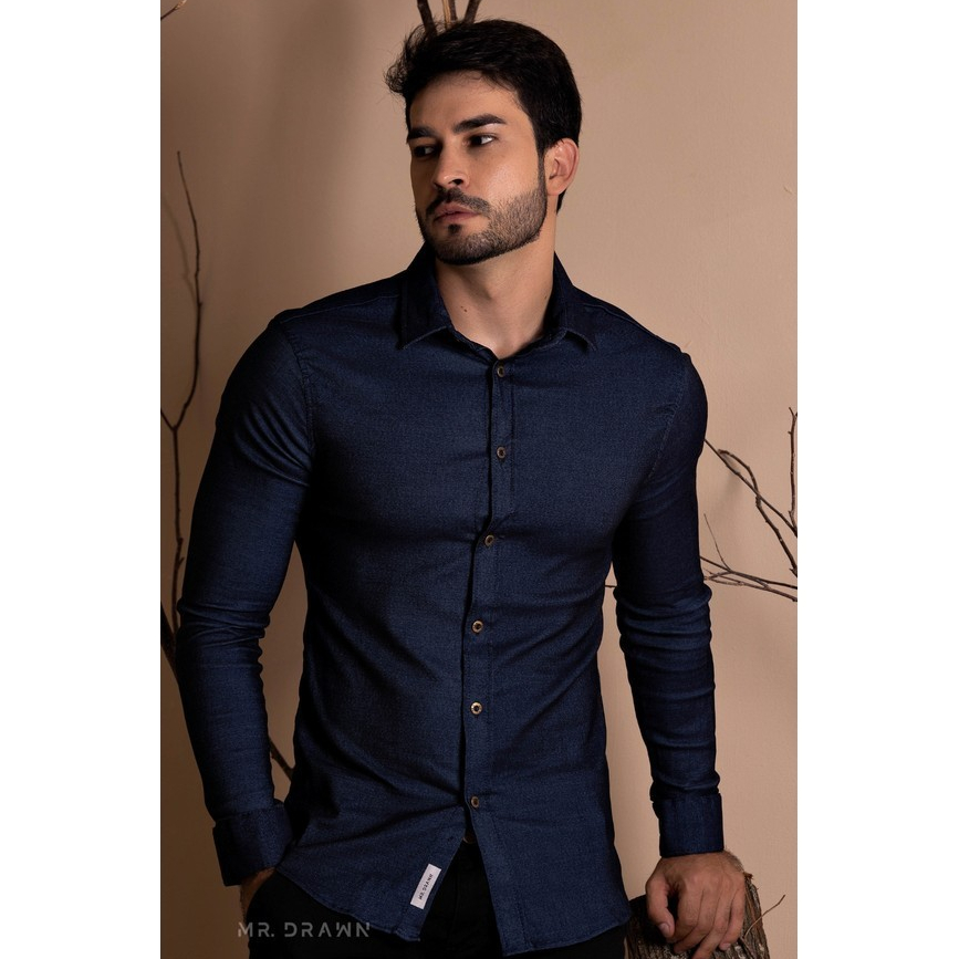 Camisa Social Manga Longa Com Elastano Jeans Masculina Mineiro - Se Ajusta Ao Corpo