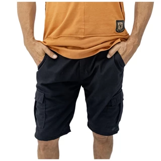 Bermuda Cargo Masculina Sarja 5 Bolsos Short Brim Com Elastico Bolso Grande