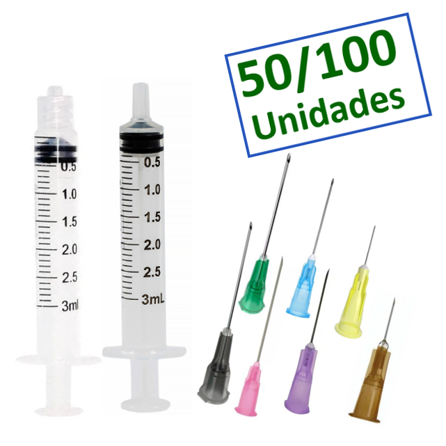 Seringa 3ml Liso ou Rosca + Agulha 50/100 Unid Medix/Descarpack/Wiltex