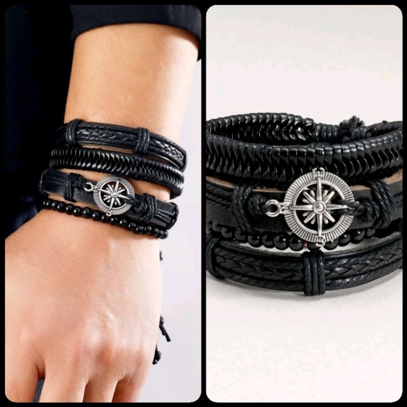 Conjunto de Pulseiras Masculina de couro PU detalhe Bússola, Asa