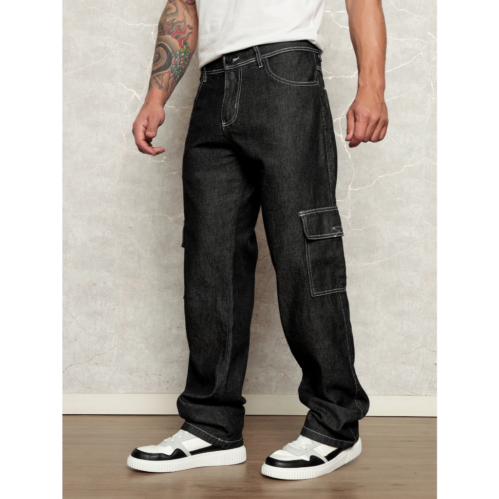 Calça Jeans Baggy Cargo Masculina Bolso Fundo E Pernas Larga Costura ...