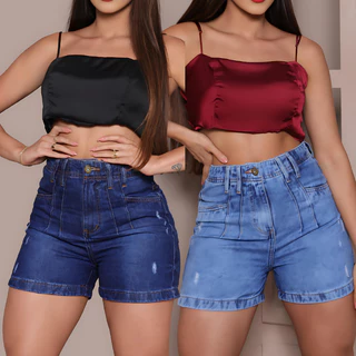 Bermuda meia coxa feminina Com 4 Pinças Modeladora Cintura Alta Jeans 100% Algodão