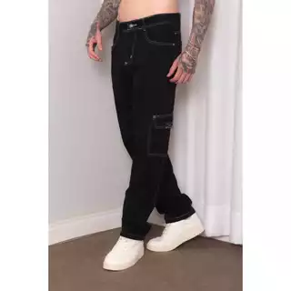 Calça jeans Cargo masculina custura branca Botão branco /preto