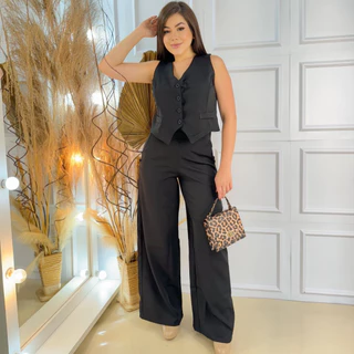 Conjunto Alfaiataria Calça Wide Leg (Pantalona) + Colete Escritório Social Plus Size