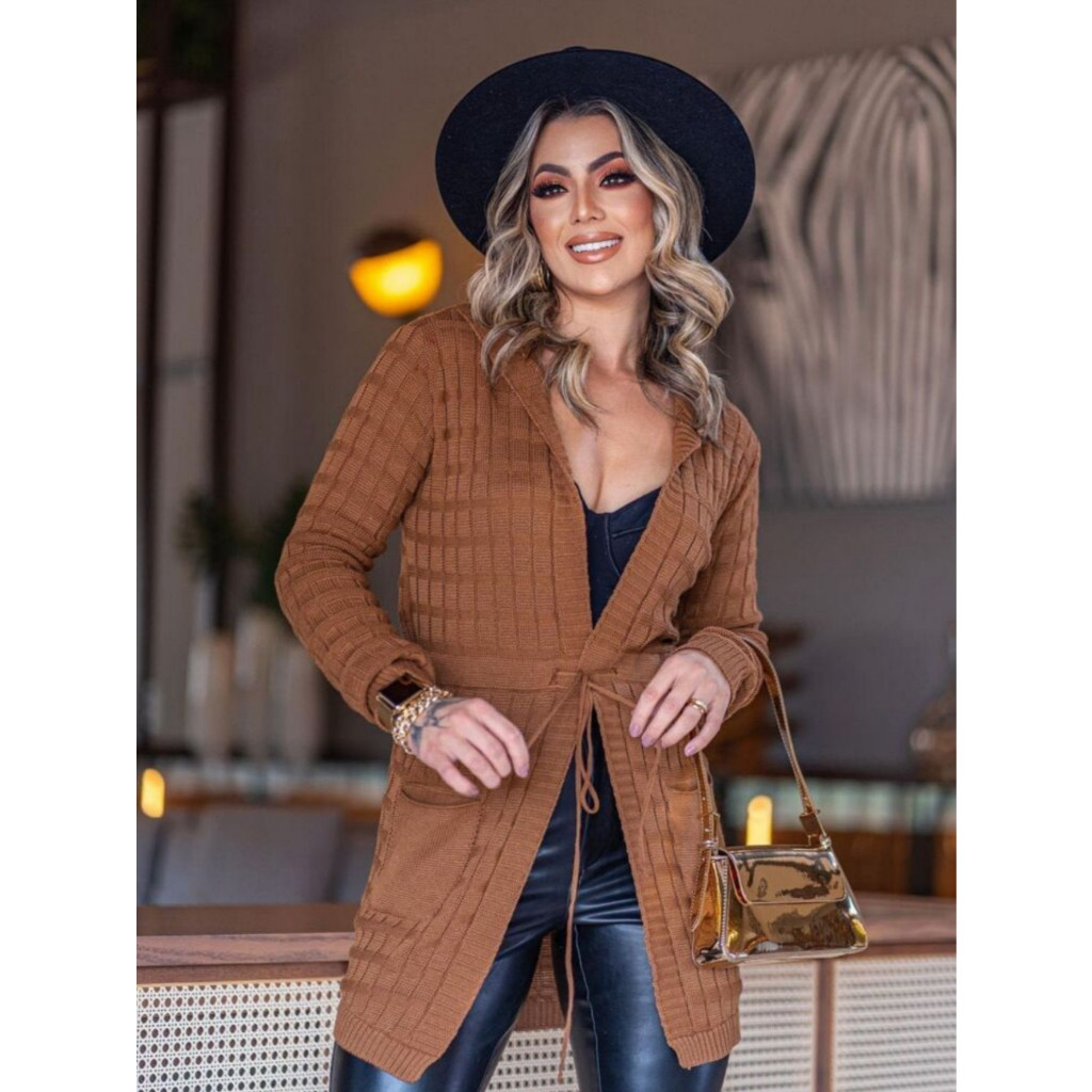 Cardigan com bolso e capuz de tricô Sobretudo Casaco feminino Inverno Manga Longa.