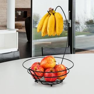 Fruteira Com Suporte para Banana Aramado Cesta Organizadora Moderna Mesa Vidro Redonda Preto Black