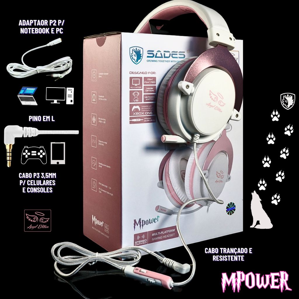 Fone de ouvido Headset Gamer Sades Mpower Rosa Angel Edition Multiplataforma