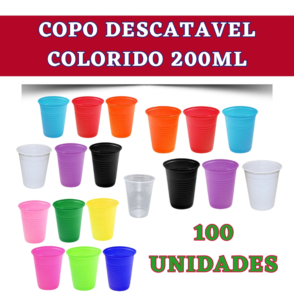 Copo Descartável Plástico Colorido 100 Unidades Com 200ML Cor Da Sua ...