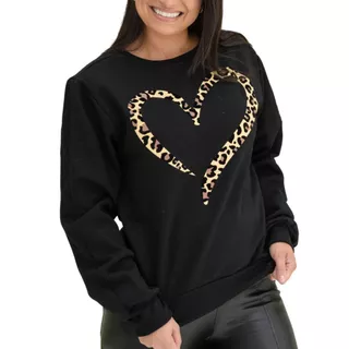 Moletom Gola Redonda Blusa De Frio Basico Careca Casaco Feminino Flanelado Coração onça
