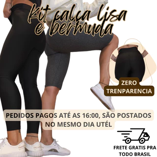 Kit 1Calça legging LISA e 1Bermuda Ciclista Fitness Legging Suplex Lisa Feminina Cintura Média
