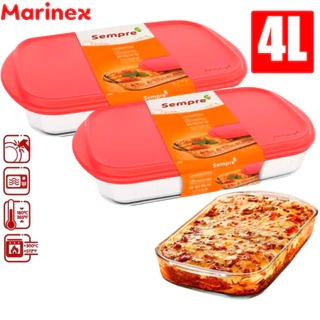 Kit 02 Travessa Assadeira 4L Lasanheira Retangular Vidro Grosso Temperado