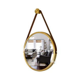 Espelho Redondo Decorativo Suspenso com Alça 50cm + Suporte Dourado com Alça Caramelo