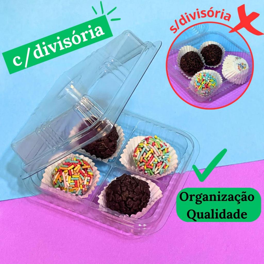 Embalagem Divisória 4 Doces Brigadeiros Gourmet Blister Duoplast Pote Quadrado