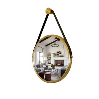 Espelho Redondo Decorativo Suspenso com Alça 50cm + Suporte Dourado com Alça Preta