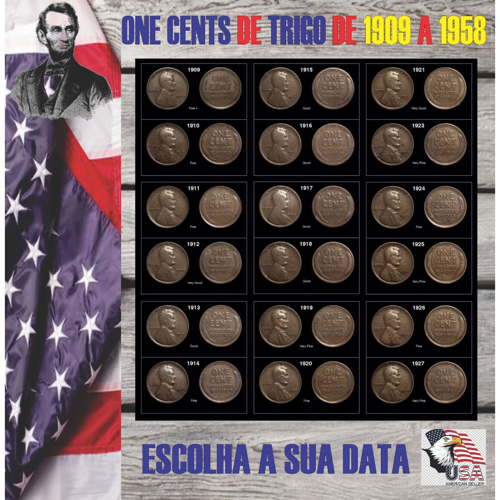 MOEDAS AMERICANAS DE LINCOLN ONE CENT DE TRIGO DE 1909-1958 COMPLETE SUA COLEÇAO