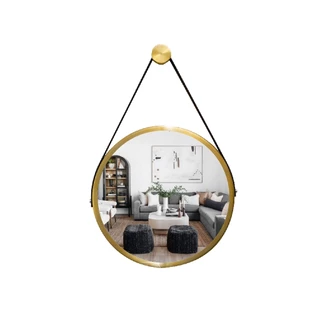 Espelho Redondo Decorativo Suspenso com Alça 60cm + Suporte Dourado com Alça Preta