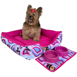 Kit Cama Caminha Pet Cachorro Gato Com Zíper Lavável + Comedouro 300ml Anti-Formiga + Tapete