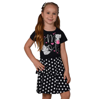 Vestido Infantil Preto Poá com Pandas - Big Bless