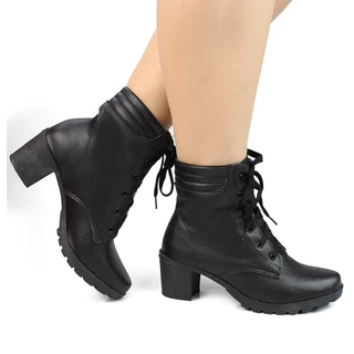 Bota Feminina Coturno Cano Médio Salto Grosso Tratorado Napa Preto Fosco Blogueira