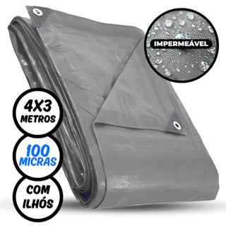 Lona Plástica Impermeável 4 x 3 Metros Cinza 70Gsm 100 Micras com Ilhós Reforçados