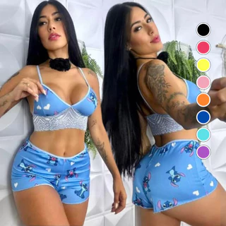 Pijama Baby Doll Feminino Estampado Personagens Alçinha Verão Cropped Luxo Conforto para Dormir