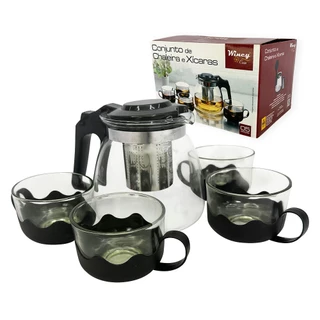 Conjunto Chaleira Bule com Infusor 1L e 4 Xícaras Em Vidro Wincy