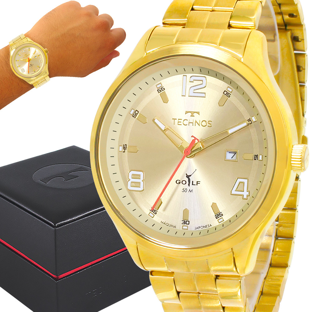 Relógio Technos Masculino Dourado Preto Original 1 Ano de Garantia