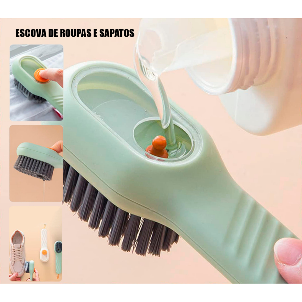 Escova Multifunção Limpa Sapato Tenis Roupa Azulejo Com Dispenser Reservatório para Sabão