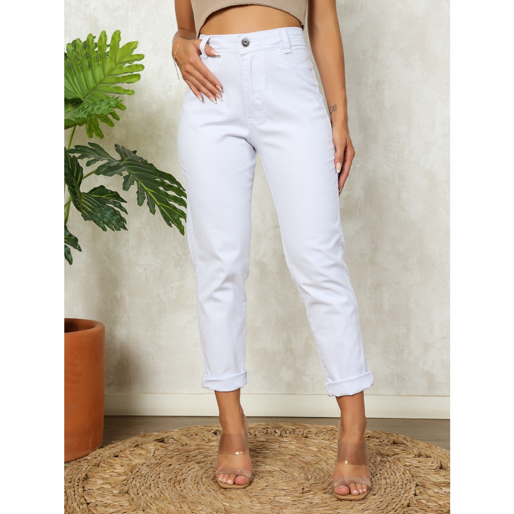 Calça Jeans Feminina Branco Preta Mom Sarja Com Lycra Cintura Alta