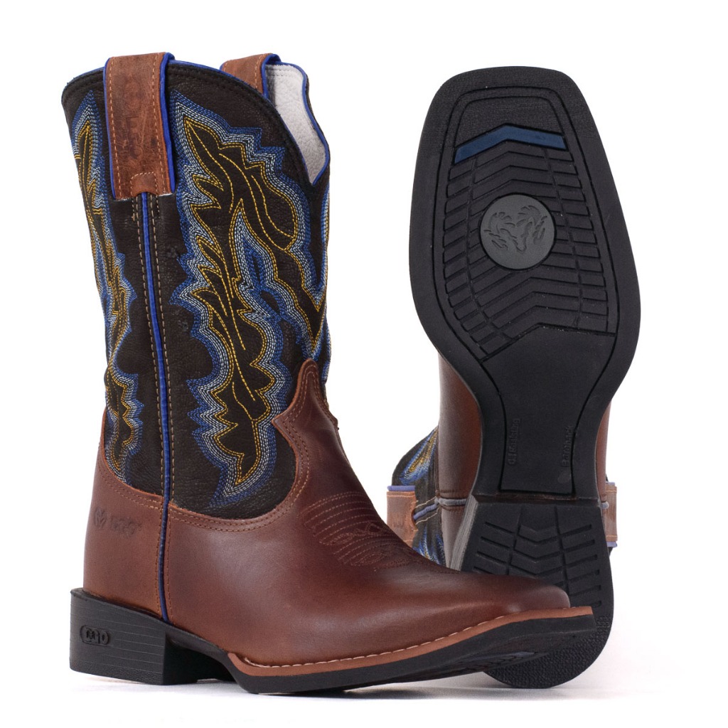 Bota Durango Texana Bico Quadrado Marrom Cano Preto com Costura Azul e ...