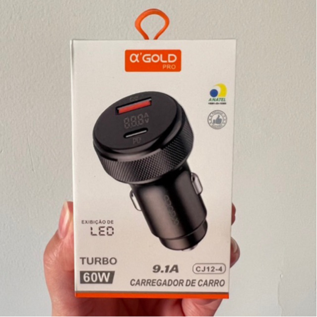 Carregador Veicular Turbo 60W 9.1A com Exibição de LED CJ12-4 /CJ13-4 A' Gold