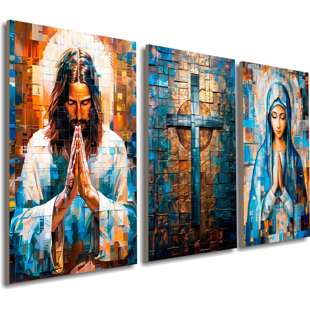 Quadro Decorativo Exclusivo Religioso Jesus Cristo Maria Cruz Sagrada Decoração Religiosa Sala Quarto Hall