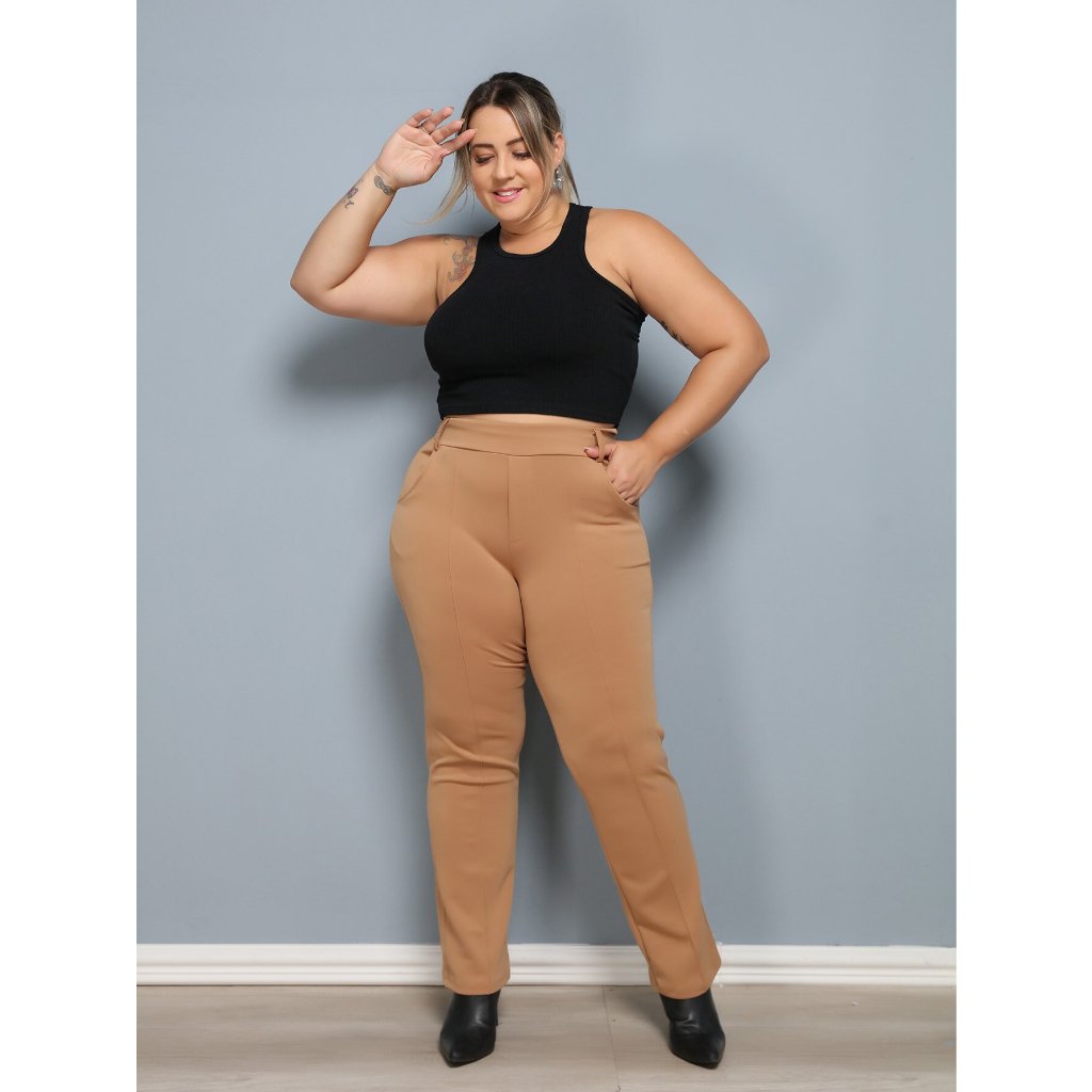 Calça Pantalona feminina plus size Social De Neoprene Wide Leg