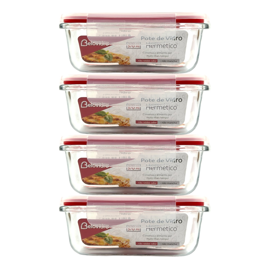 Conjunto 4 Potes Vidro Hermético Mantimentos Marmita 370ml