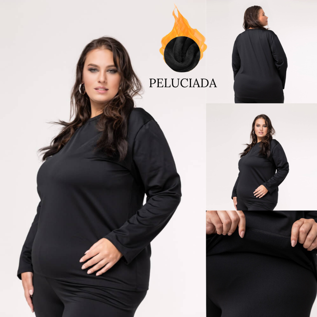 Camisa Plus Size Térmica Tecido Peluciado Feminino Camiseta Segunda Pele Ideal Para Dias Frios Tecido Flanelado