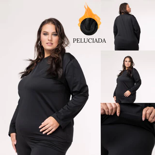 Camisa Plus Size Térmica Tecido Peluciado Feminino Camiseta Segunda Pele Ideal Para Dias Frios Tecido Flanelado