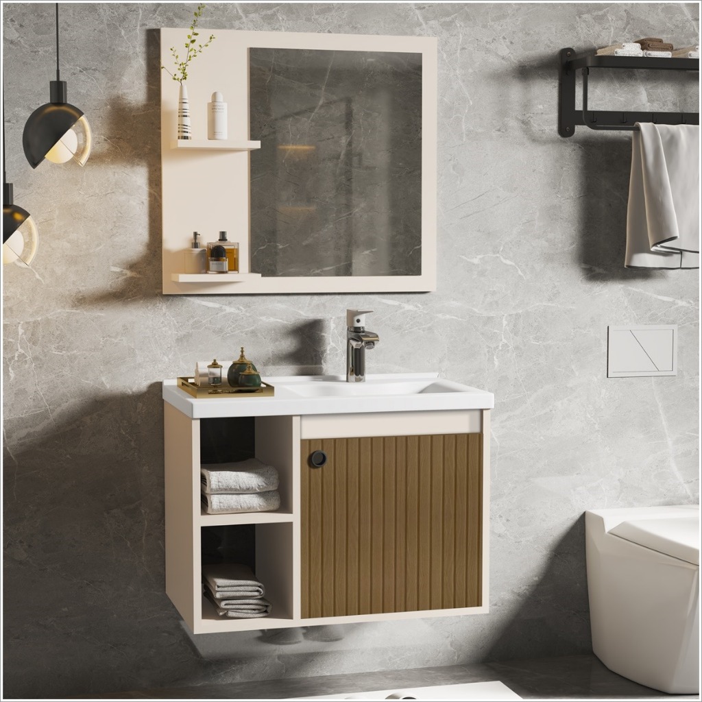 CONJUNTO GABINETE COM ESPELHEIRA E CUBA PARA BANHEIRO 60CM ADONIS - VARIAS CORES - MDF/MDP/MARMORE SINTETICO