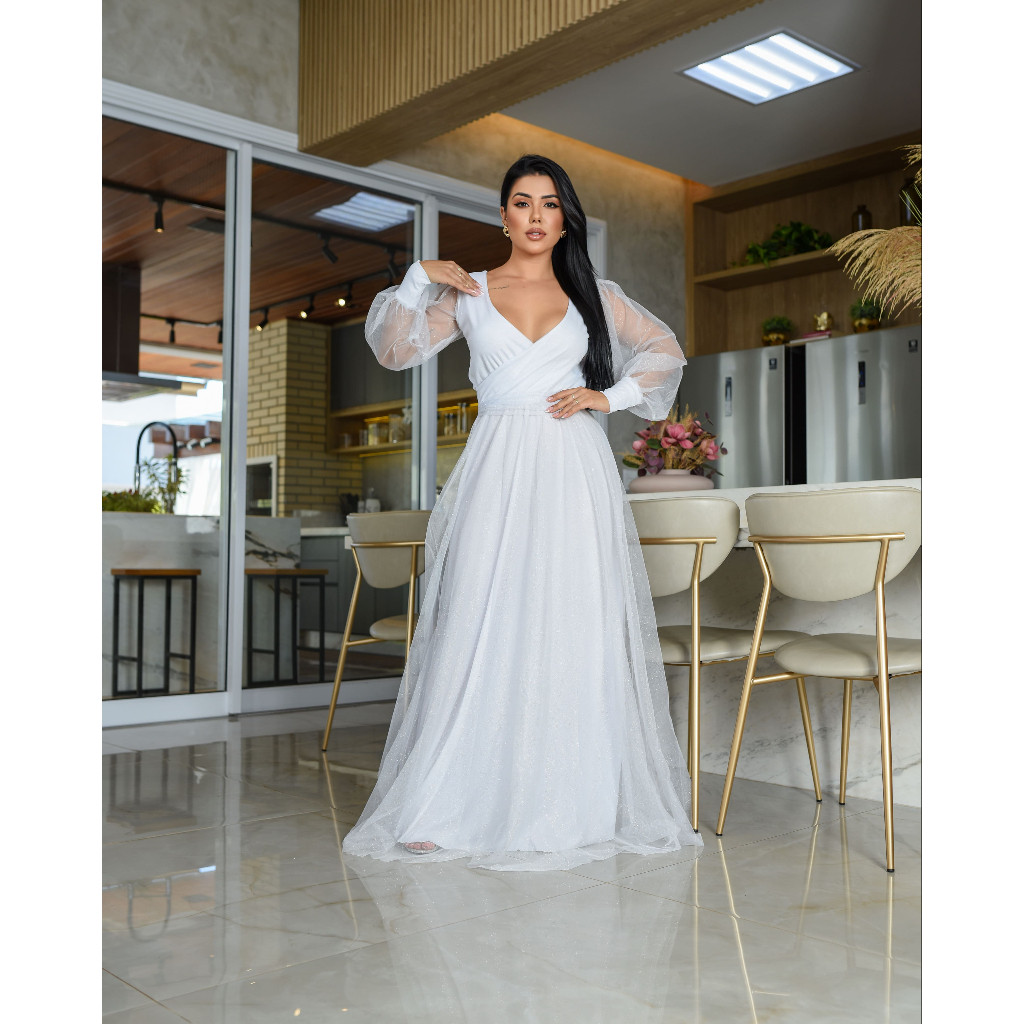 Sônia Anair Vestido de Noiva longo Civil Branco Casamento