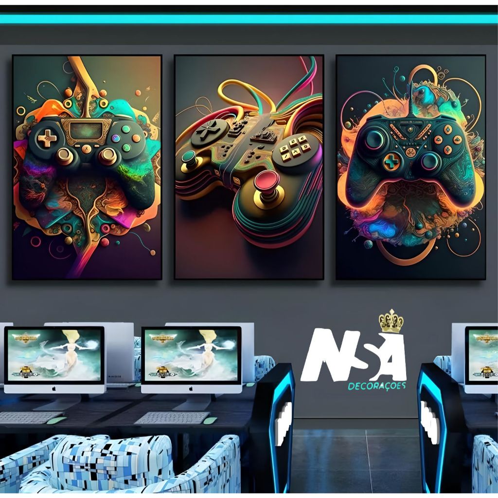 Kit quadro decorativos para sala escritorio quartos gamer controle neon