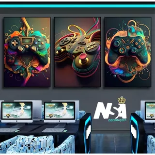 Kit quadro decorativos para sala escritorio quartos gamer controle neon