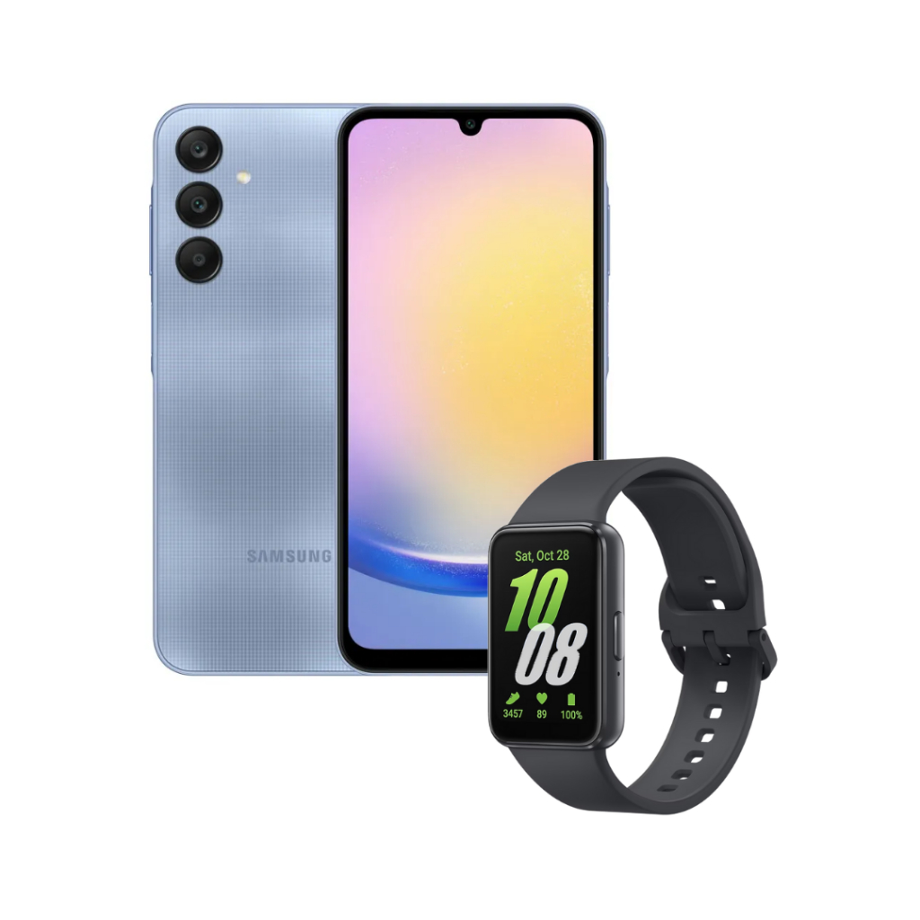 Kit Smartphone Samsung Galaxy A25 5G, 256GB, 8GB, Octa Core, Azul + Smartband Samsung Galaxy Fit3 53mm, Tela Amoled, Resistência à Água, Grafite