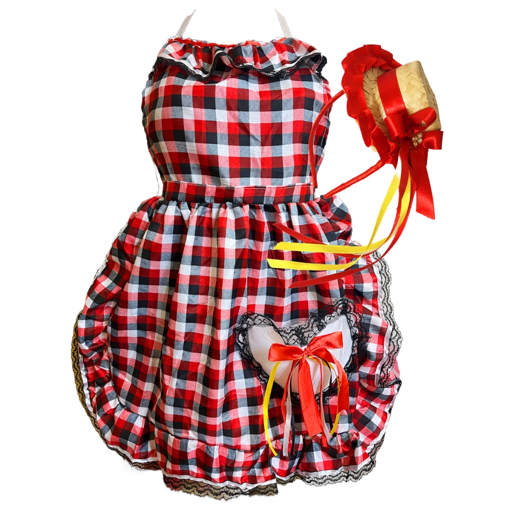 Vestido AVENTAL Festa Junina Adulto São João Xadrez Vermelho Caipira ...