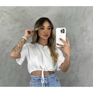 Cropped Feminino Manga Curta Babadinho com Amarração na Frente