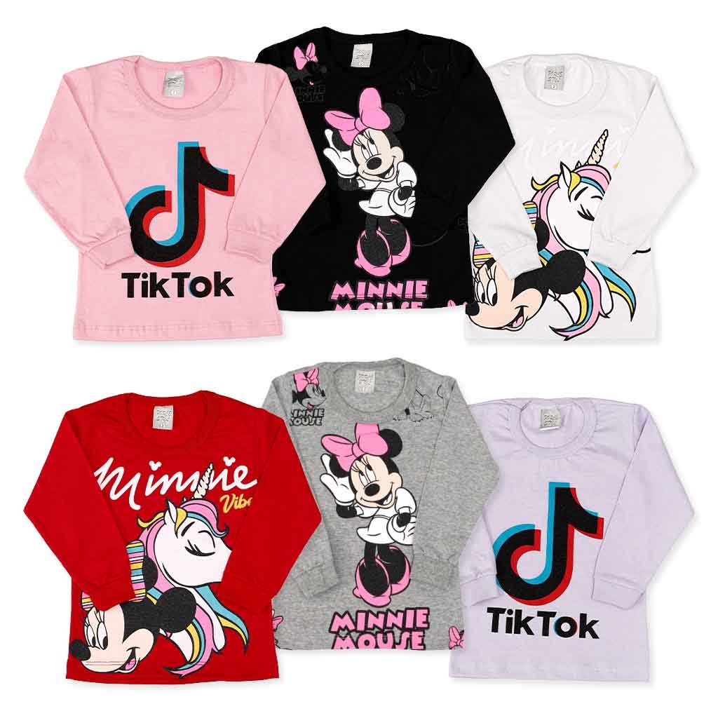 Kit 3 Blusas Manga Longa Infantil Menina Estampada Princesas/Personagem - Camiseta Inverno Feminina c/ Punho