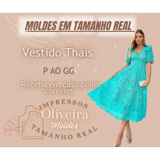 MOLDE VESTIDO MIDI, DECOTE V, MANGA 3/4 TAMANHO P AO GG, IMPRESSOS EM TAMANHOS REAL PAPEL 75g
