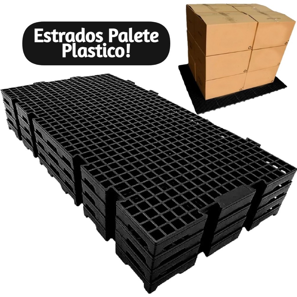 Estrado 8 peças de Pallet Estrado Plásticos Preto 25x50x2,5cm Piso Plástico Modular